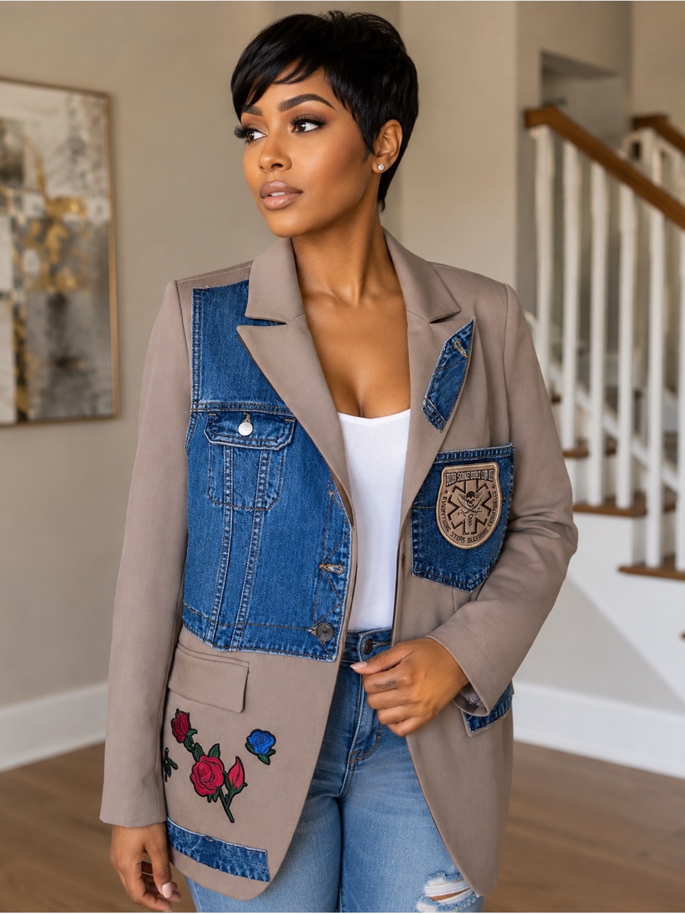 Upcycled Taupe Blazer with Denim Patch & Embroidered Roses size 8